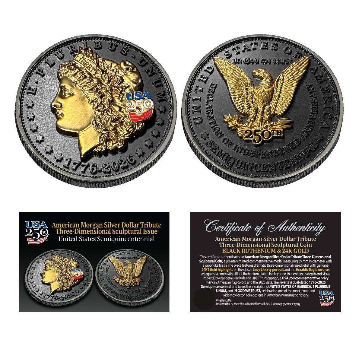 1776-2026 Morgan Dollar Tribute Three-Dimensional Sculptural Coin Black Ruthenium & 24K Gold Highlights