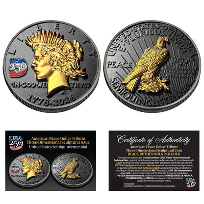 1776-2026 Peace Dollar Tribute Three-Dimensional Sculptural Coin Black Ruthenium & 24K Gold highlights