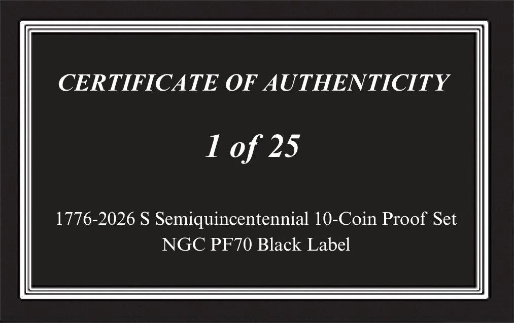 1776-2026 S Semiquincentennial 10-Coin Clad Proof Set NGC PF70 Black Label – Limited Edition 1 of 25 - CoinsTV