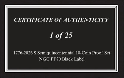 1776-2026 S Semiquincentennial 10-Coin Clad Proof Set NGC PF70 Black Label – Limited Edition 1 of 25 - CoinsTV