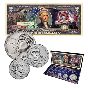 1776–2026 USA 250th Anniversary 3-Coin & Colorized $2 Dollar Bill Collection