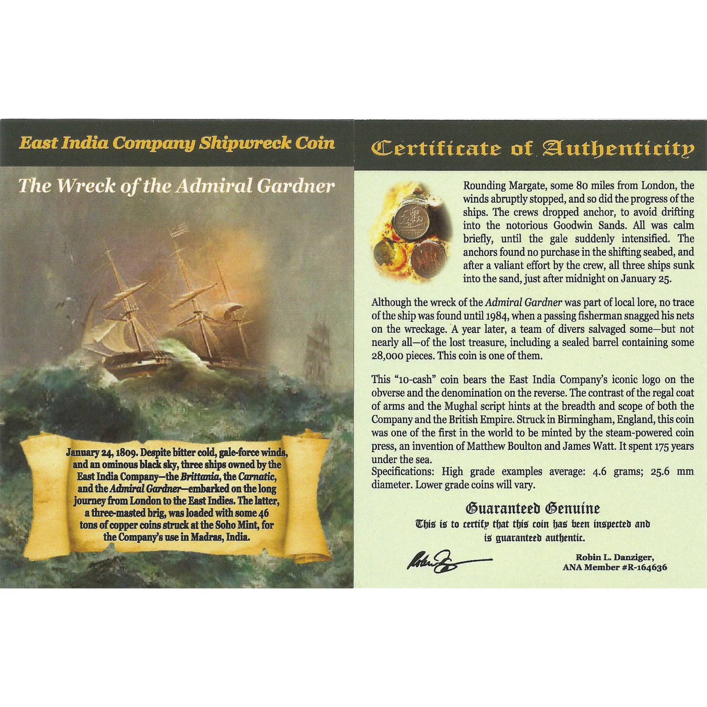 1808 Admiral Gardner Shipwreck Treasure 10 Cash Coin - NGC Certified (MG)