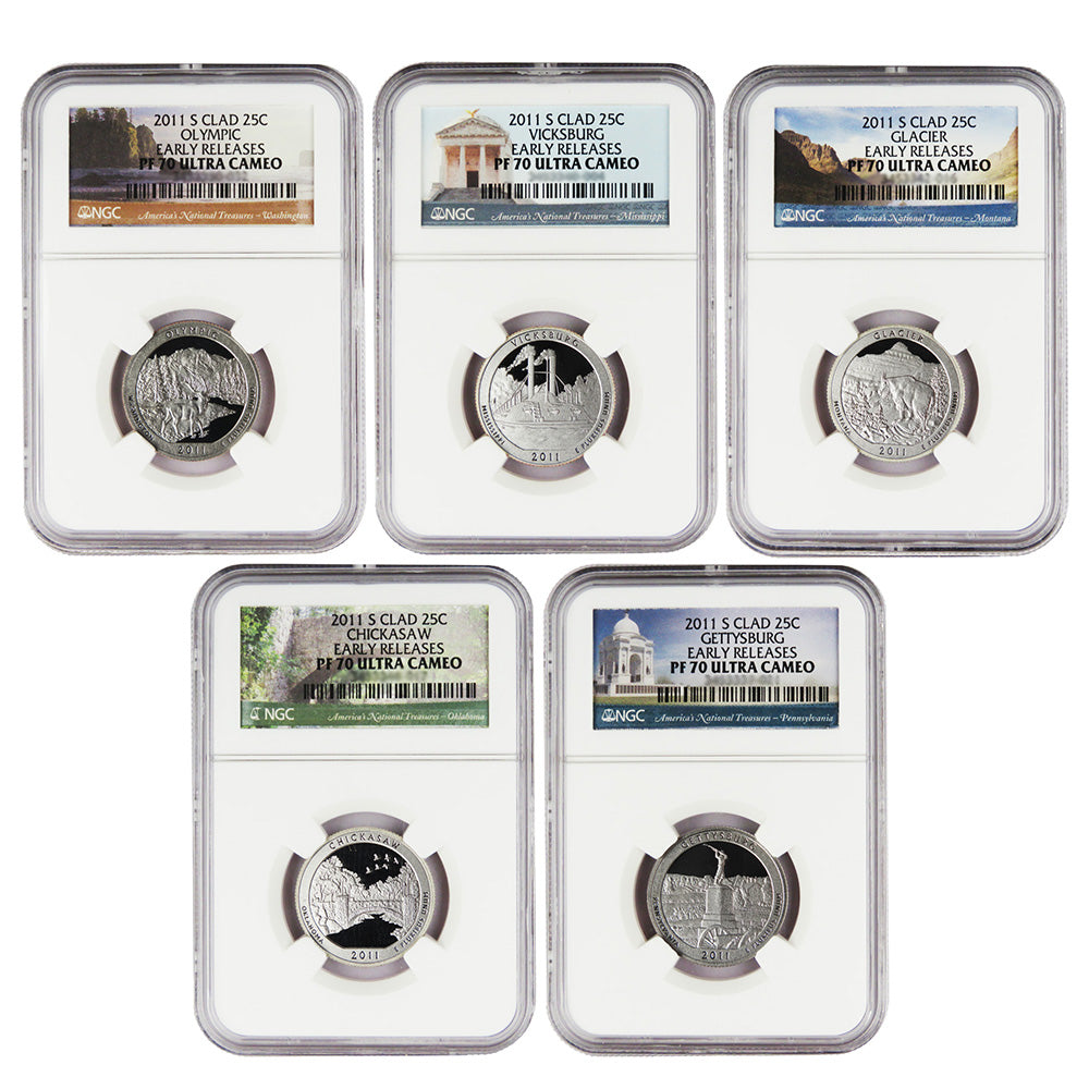 2011-S 25c Clad National Parks 5pc Quarter Set NGC PF70UC Early Releases - CoinsTV