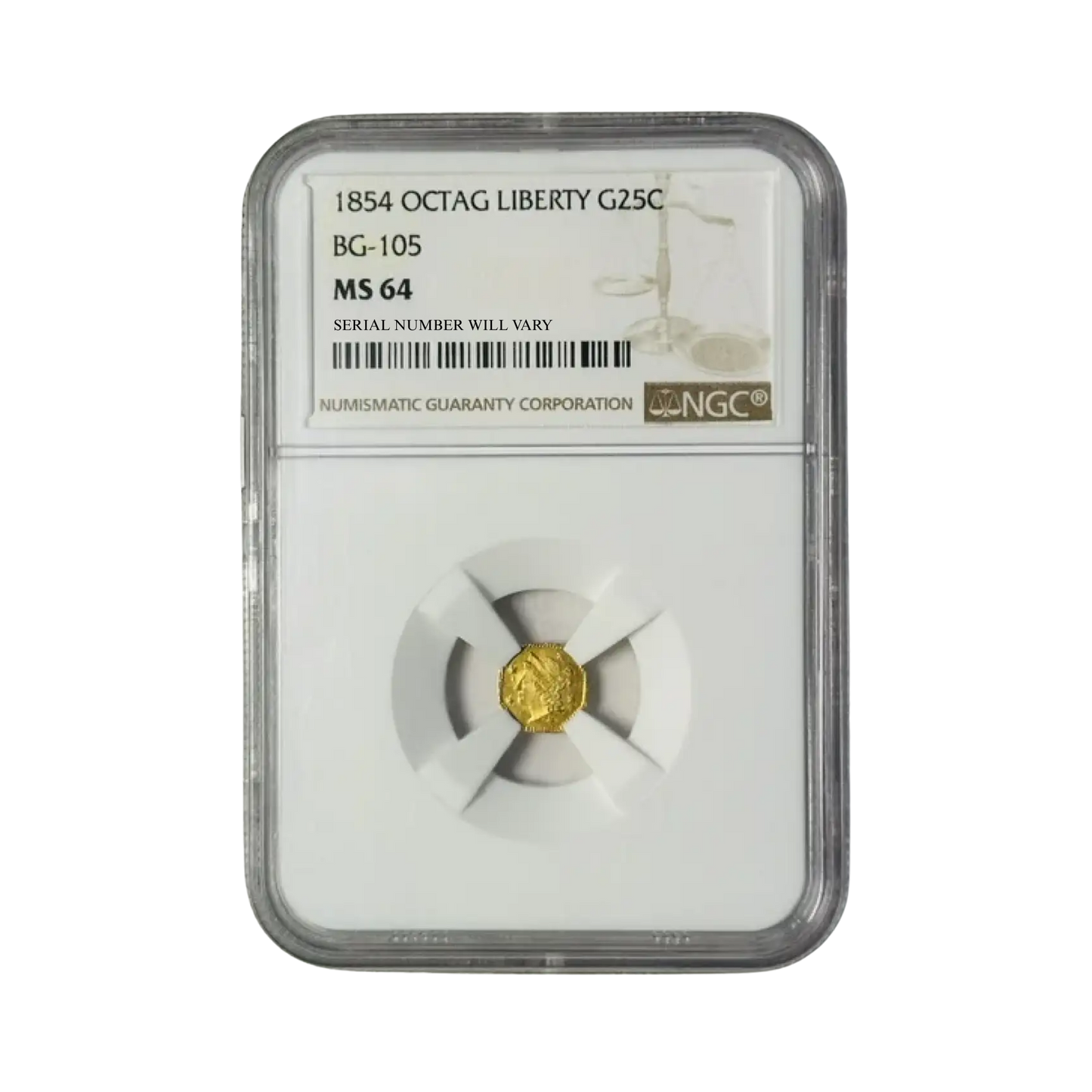 1854 Liberty Head Octagonal California Fractional Gold 1/4 Dollar - NGC MS64 OCTAG BG-105
