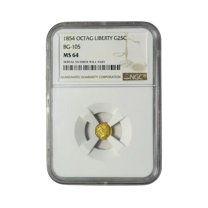 1854 Liberty Head Octagonal California Fractional Gold 1/4 Dollar - NGC MS64 OCTAG BG-105