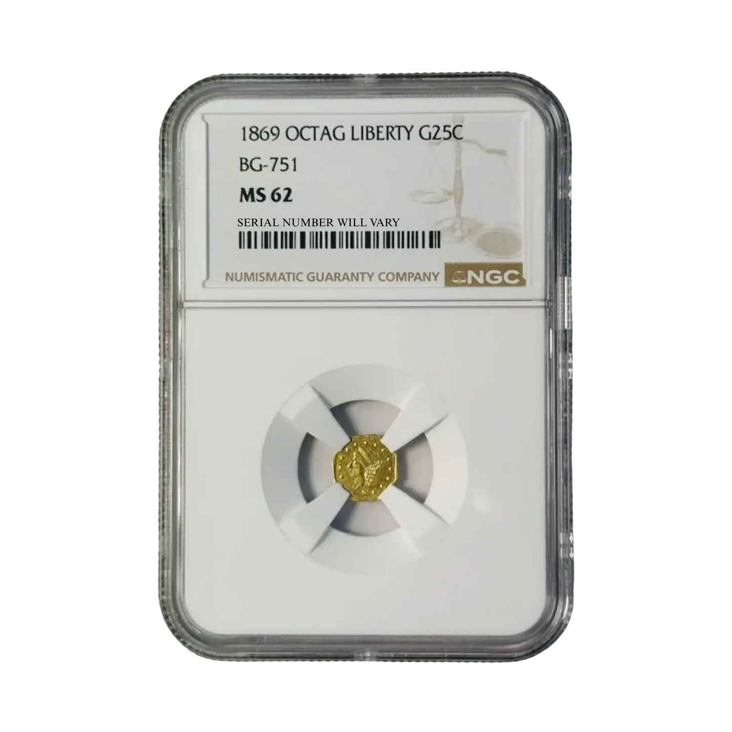 1869 Liberty Head Octagonal California Fractional Gold 1/4 Dollar - NGC MS62 OCTAG BG-751