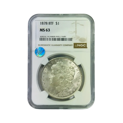 1878 8TF Morgan Silver Dollar Philadelphia - NGC MS63 Sight White