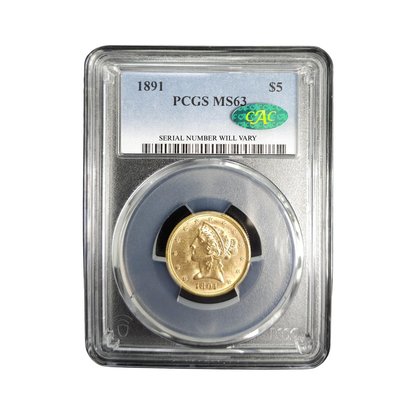 1891 $5 Liberty Head Gold Half Eagles - PCGS MS63 CAC - CoinsTV