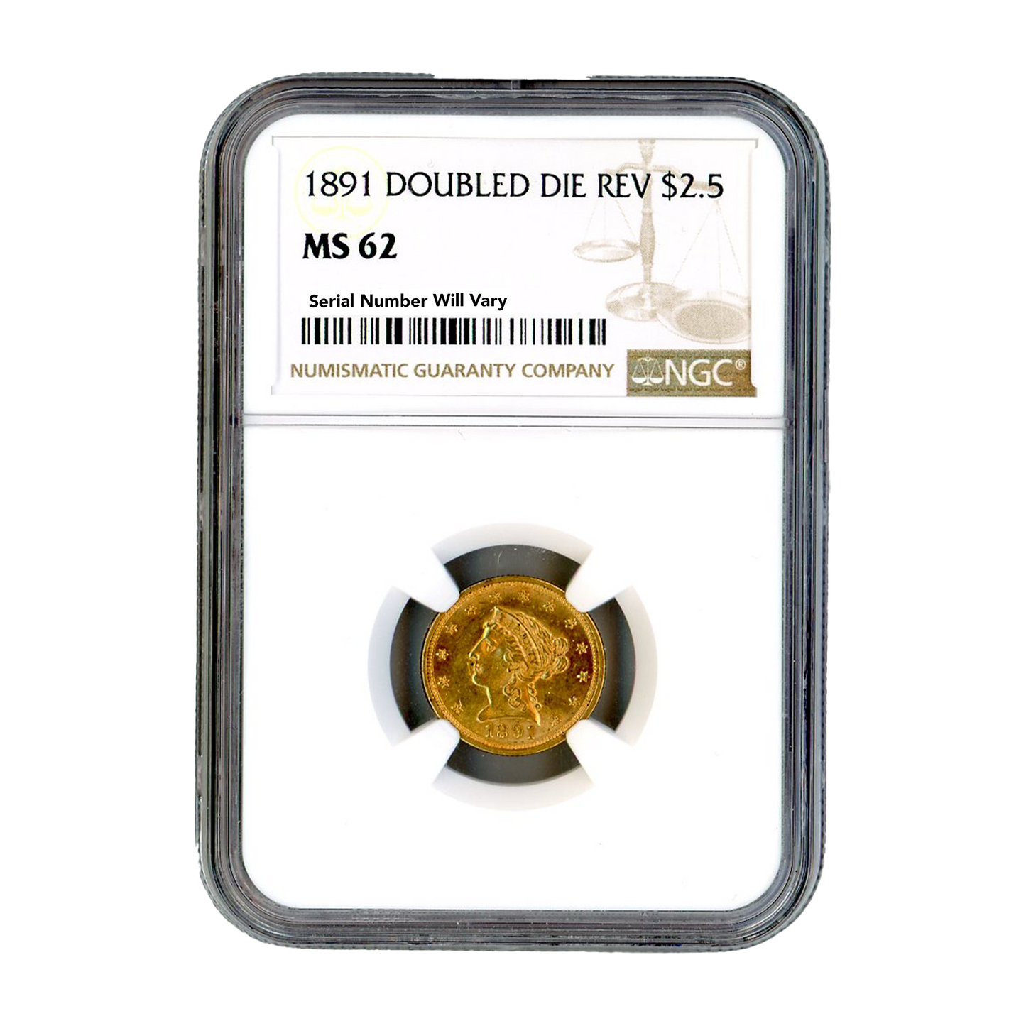 1891 $2.5 Gold Liberty Head - Doubled Die Reverse - NGC MS62 - CoinsTV