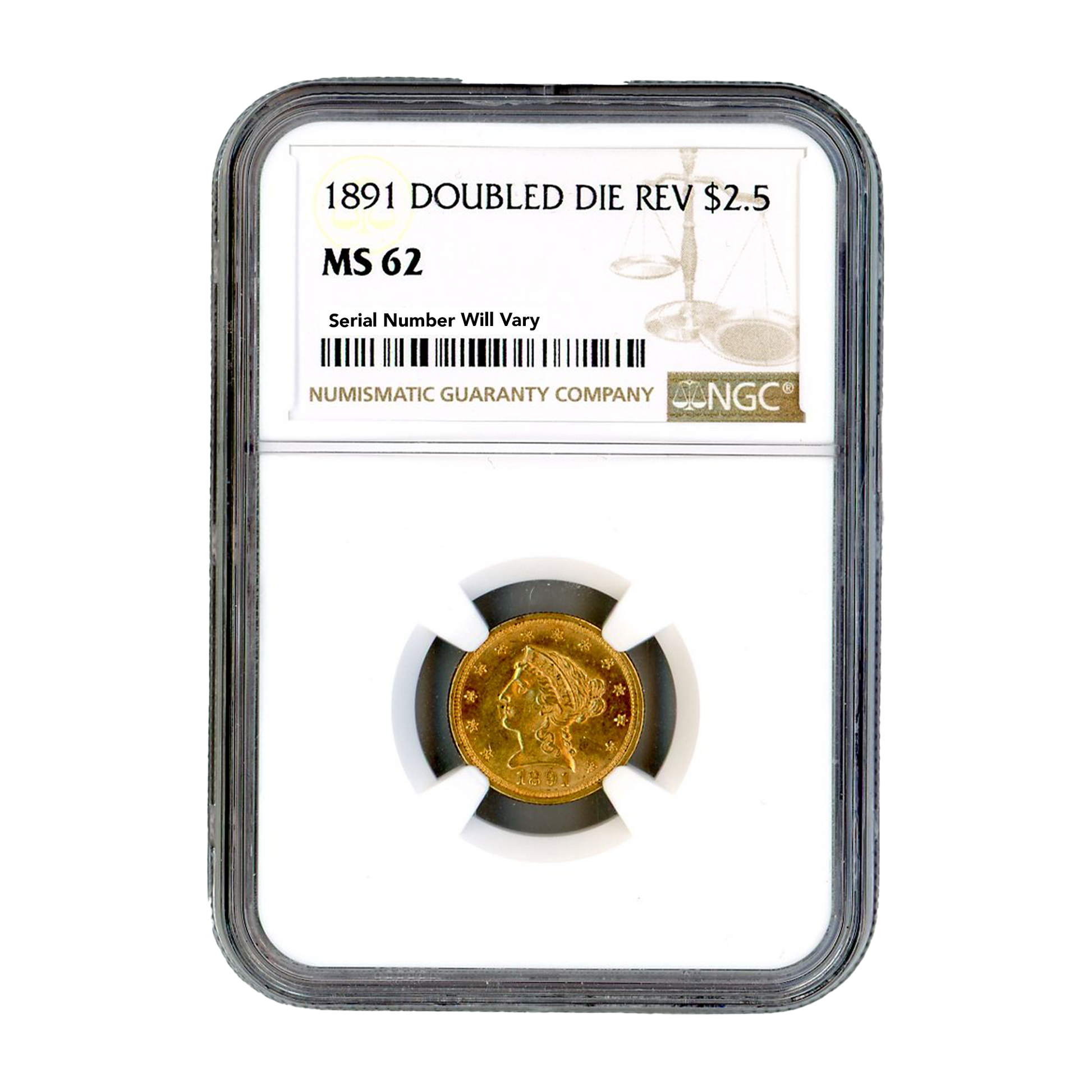 1891 $2.5 Gold Liberty Head - Doubled Die Reverse - NGC MS62 - CoinsTV