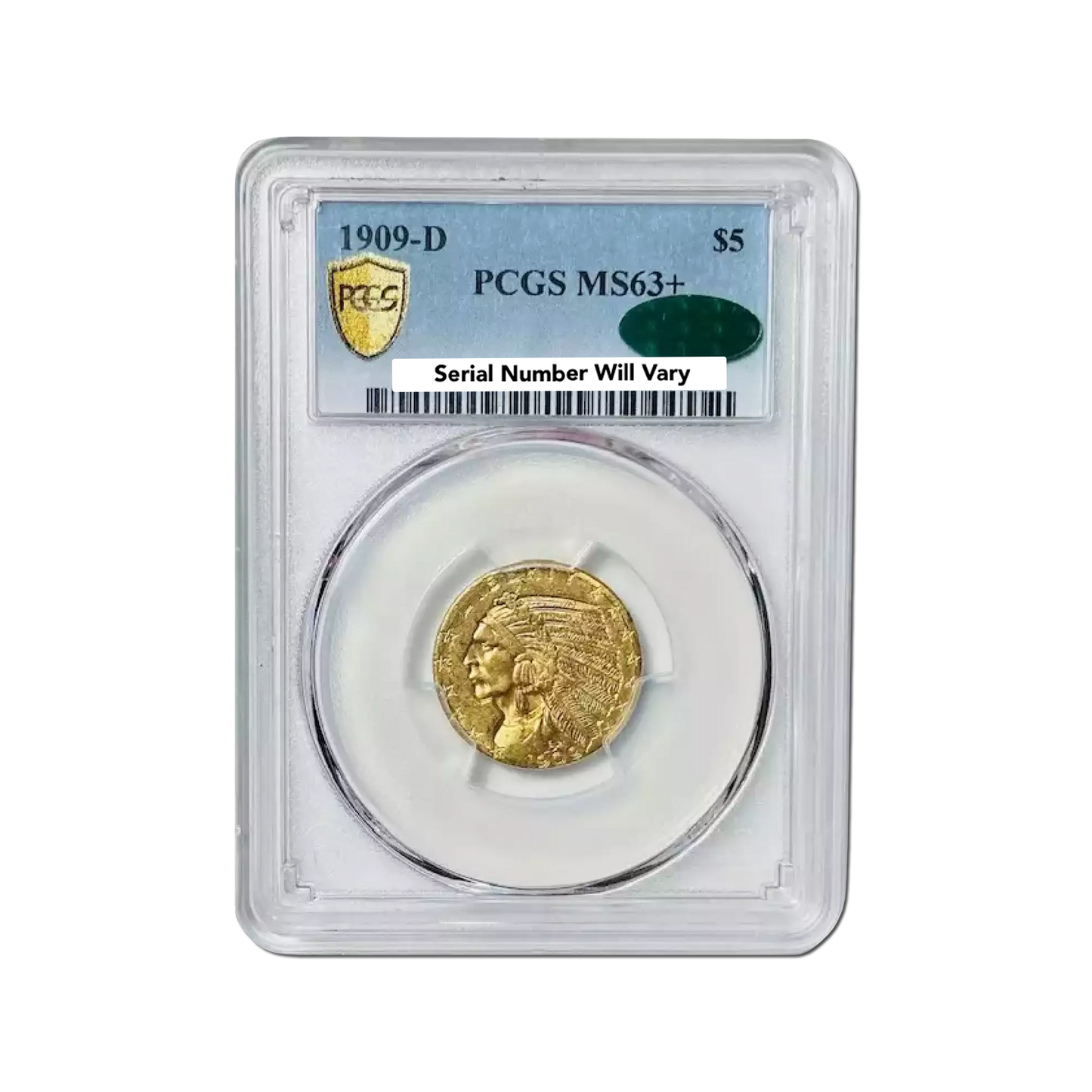 1909-D $5 Indian Gold Half Eagle - PCGS MS63+ CAC - CoinsTV