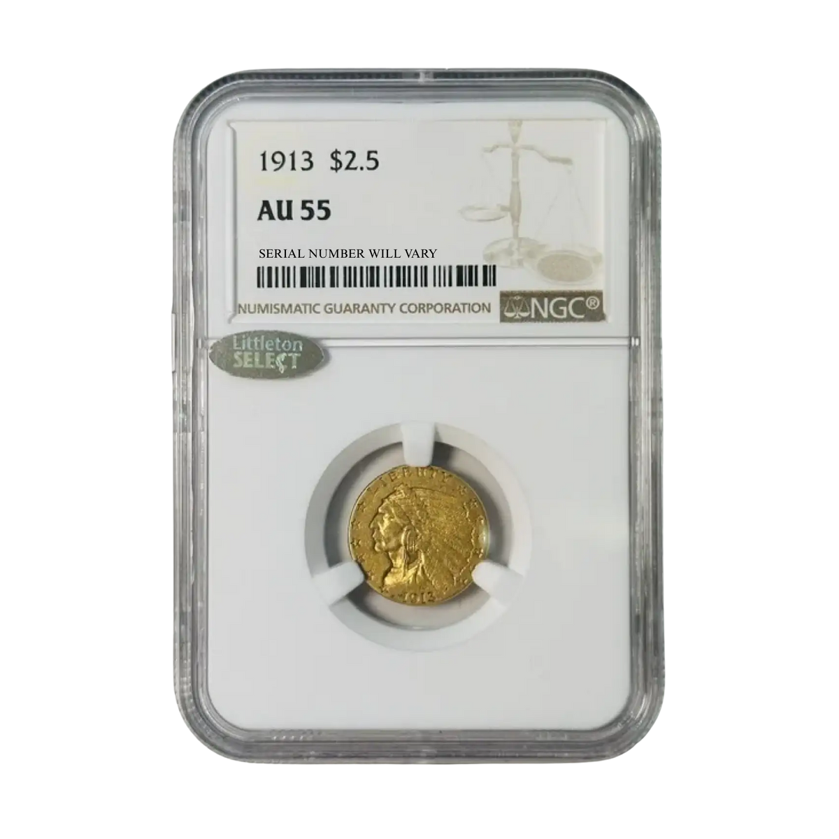 1913 Gold Quarter Eagles $2 1/2 Indian Head - NGC AU55 Littleton Select