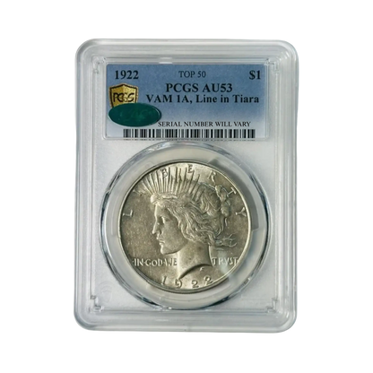 1922 Peace Silver Dollar - TOP 50 VAM 1A Line in Tiara - PCGS AU53 CAC