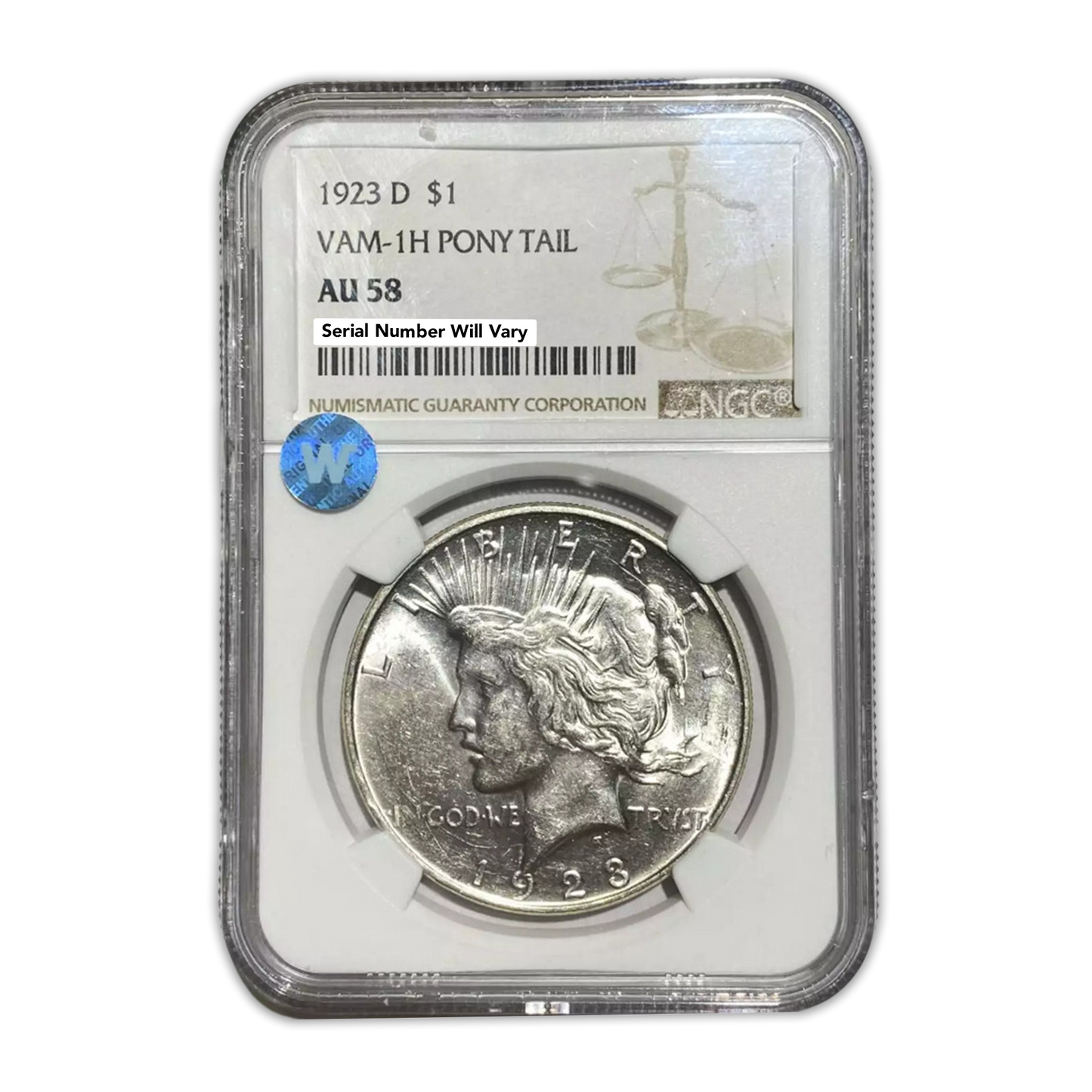 1923 D Peace Dollar - VAM-1H Pony Tail - NGC AU58 Sight White - CoinsTV