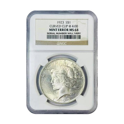 1923 Peace Silver Dollar Curved Clip @ 4:00 - Mint Error NGC MS64 - CoinsTV