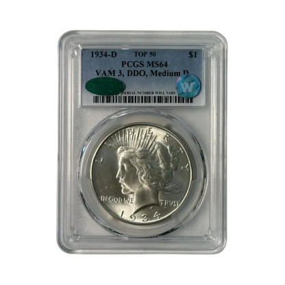 1934-D Peace Silver Dollar VAM 3 DDO Medium D TOP 50 - PCGS MS64 CAC Sight White