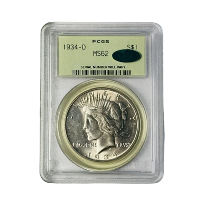 1934-D Peace Silver Dollar - PCGS MS62 Old Green Holder CAC