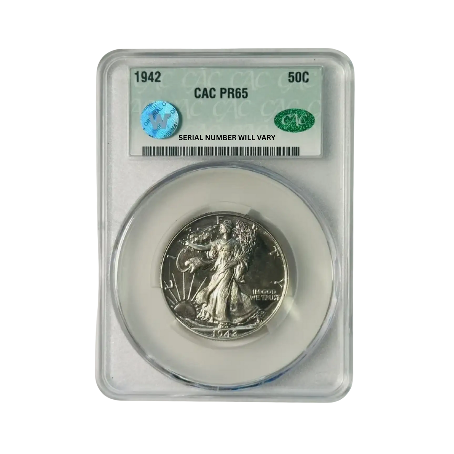 1942 Walking Liberty Silver Half Dollar - CAC PR65 Sight White
