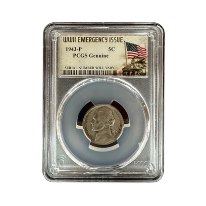 1943-P U.S. Jefferson "War" Nickel Silver Coin PCGS Genuine WWI Emergency Label