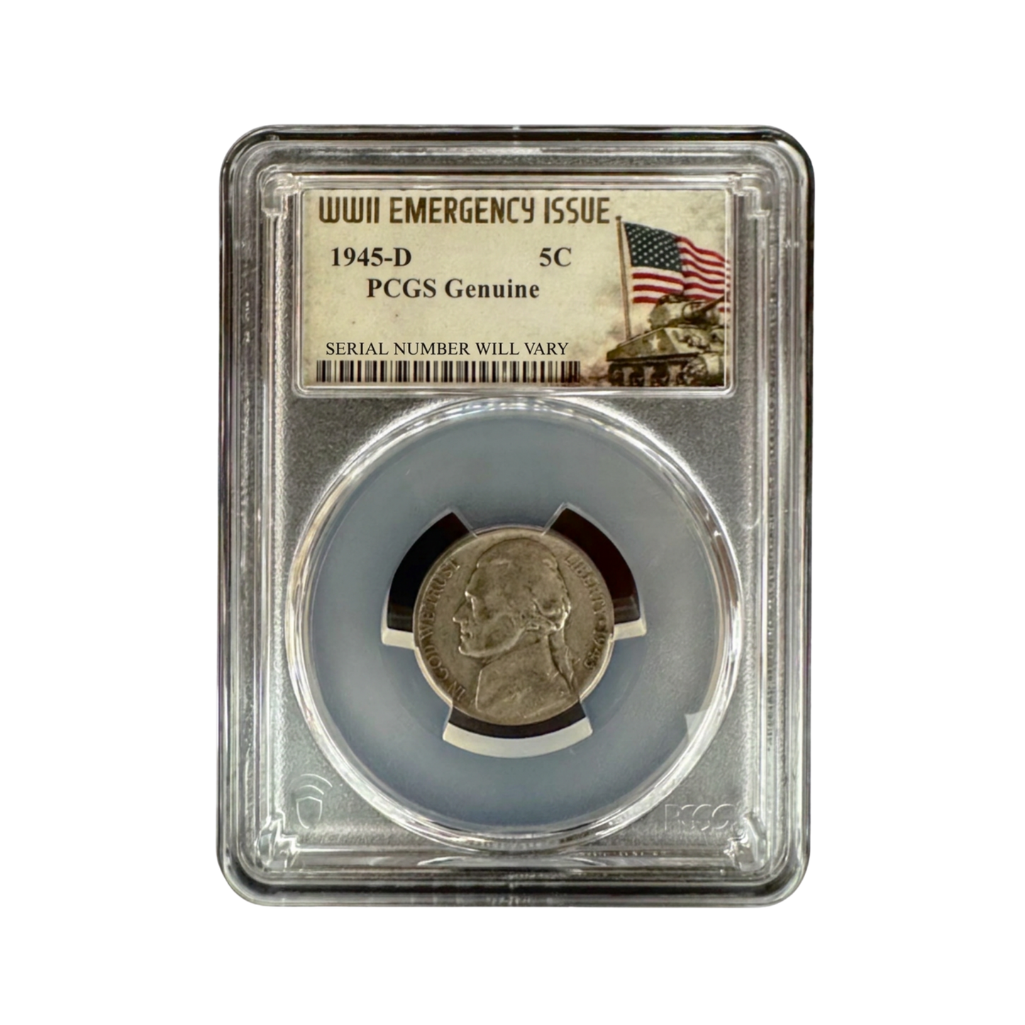 1945-D U.S. Jefferson "War" Nickel Silver Coin PCGS Genuine WWI Emergency Label