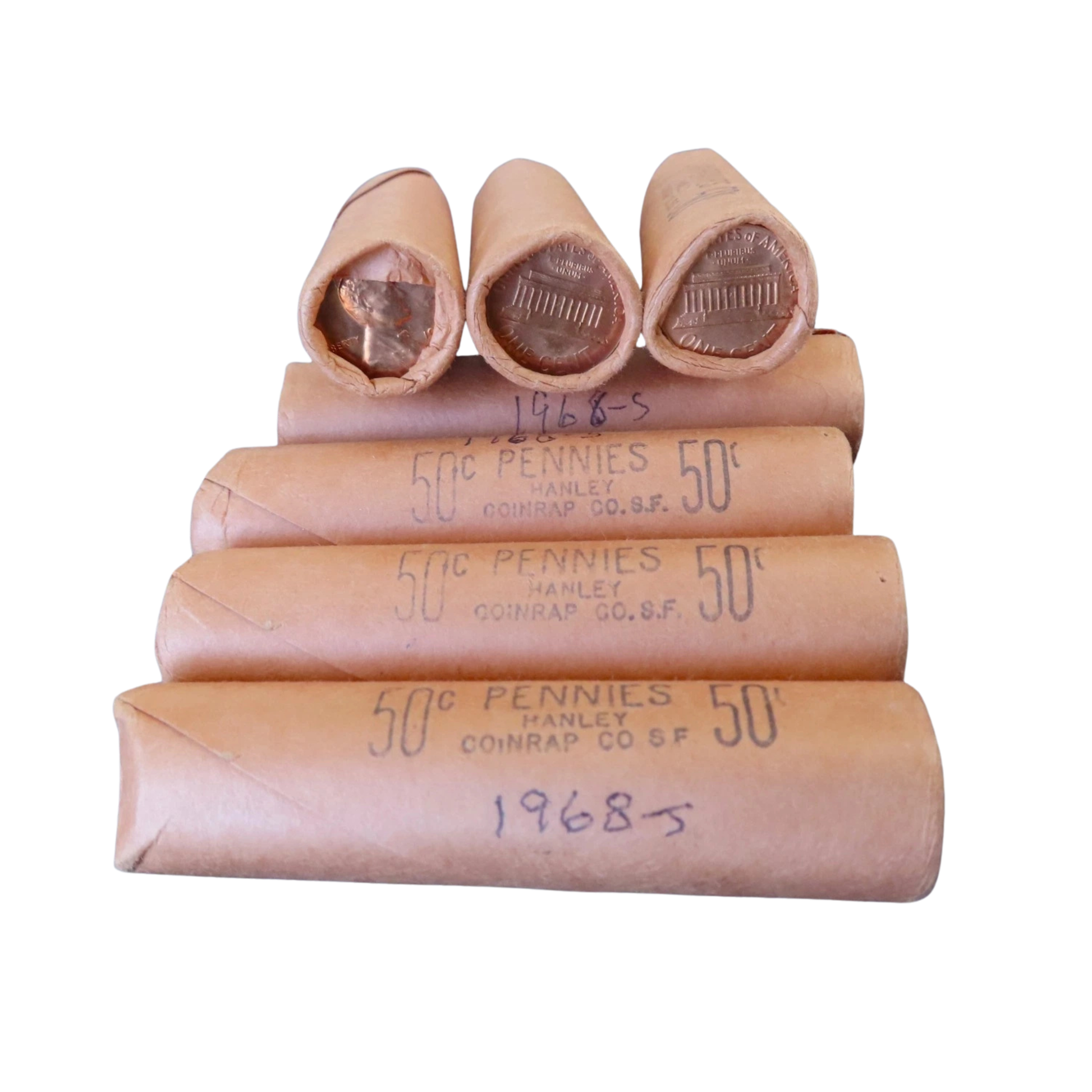 1968-S Lincoln Memorial Cent Uncirculated - Original Bank-Wrapped Roll - CoinsTV