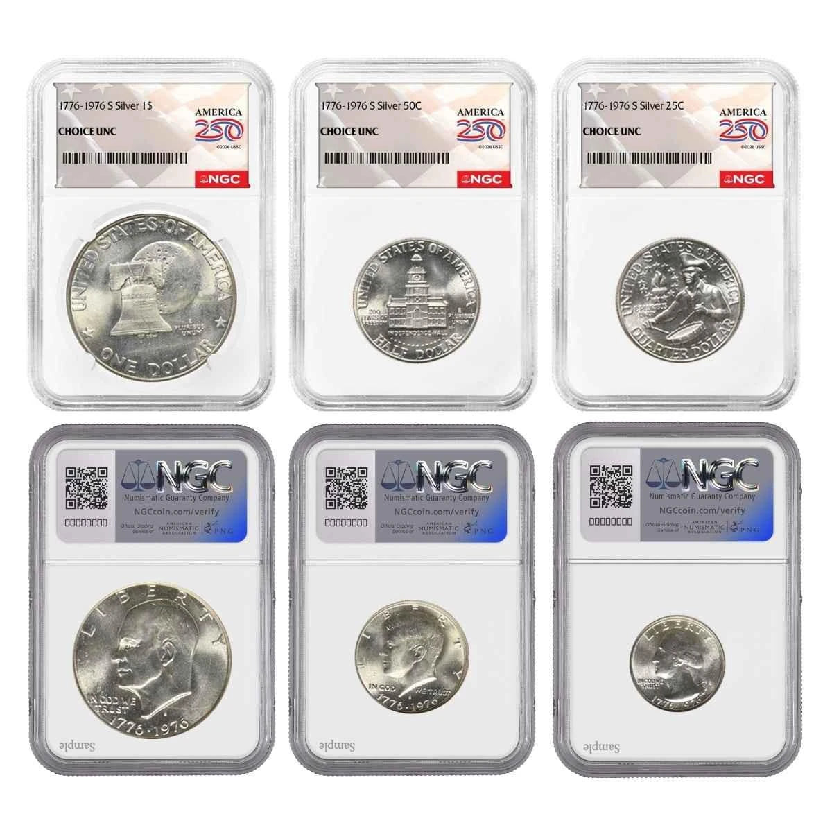 1976-S Bi-Centennial 3-Coin Set America 250 Label - NGC CH UNC