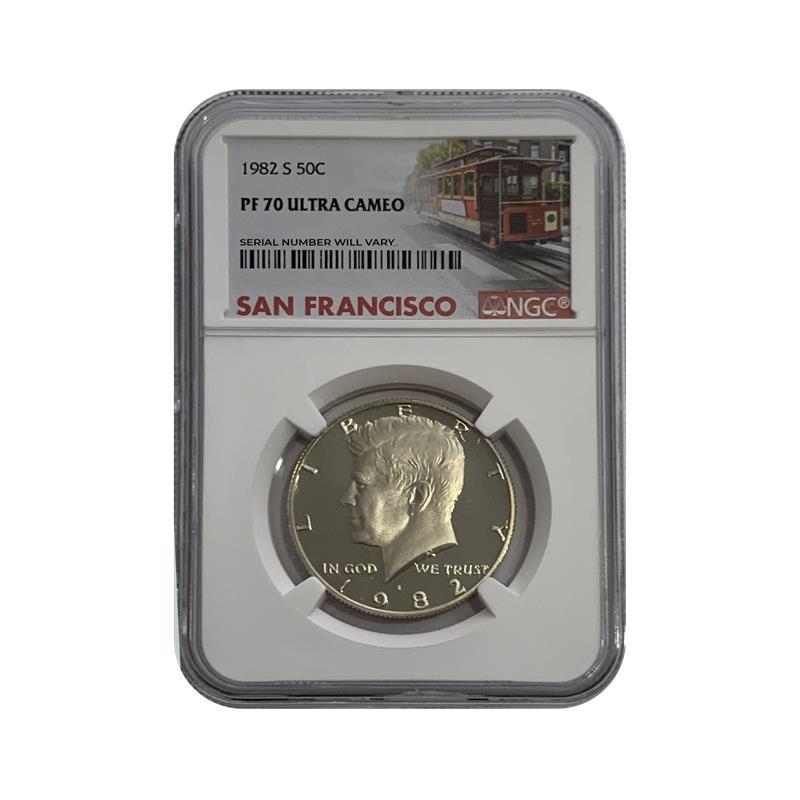 1982 S Kennedy Half Dollar San Francisco - Trolley Label - NGC PF70 UCAM - CoinsTV