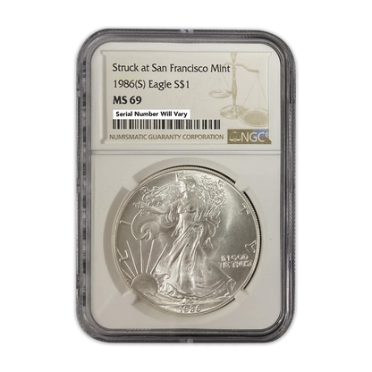 1986(S) Silver Eagle Struck at the San Francisco Mint - NGC MS69 Brown Label