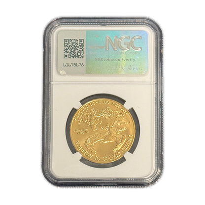 1986 $50 Gold Eagle  Mint Error Obverse Struck Thru Miley Frost - NGC MS69 First Year of Issue - CoinsTV