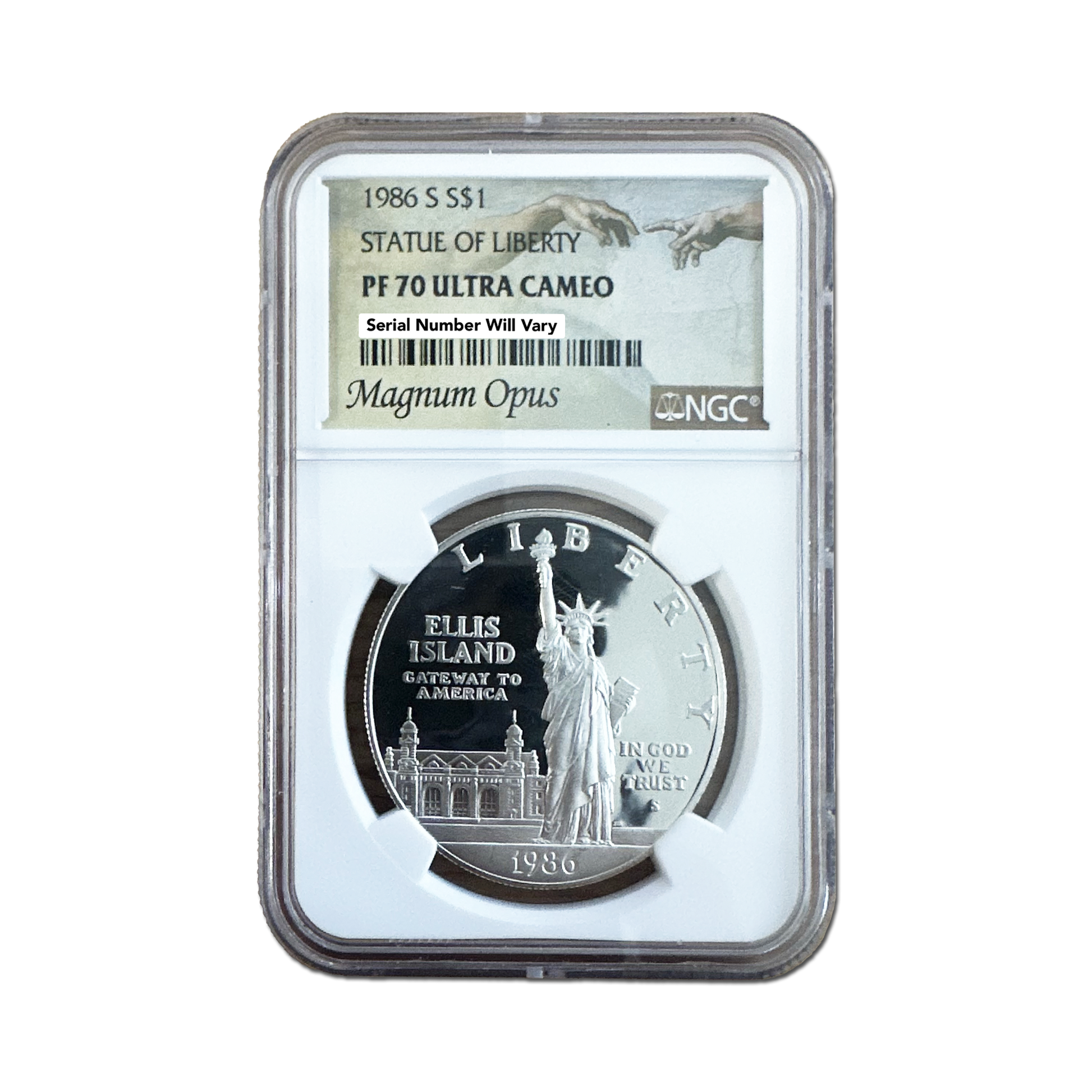 1986-S Statue Of Liberty Silver $1 Magnum Opus Label - PF70 Ultra Cameo - CoinsTV