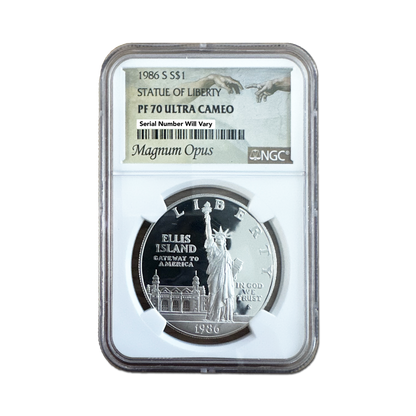 1986-S Statue Of Liberty Silver $1 Magnum Opus Label - PF70 Ultra Cameo - CoinsTV