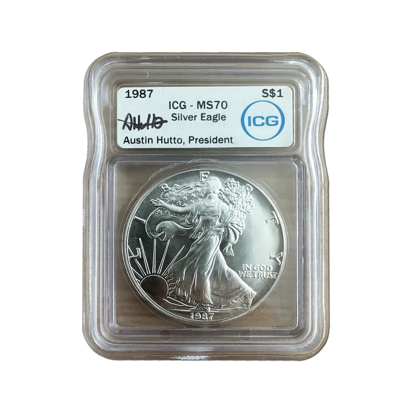 1987 Silver Eagle - Austin Hutto Signature Label - ICG MS70 | CoinsTV