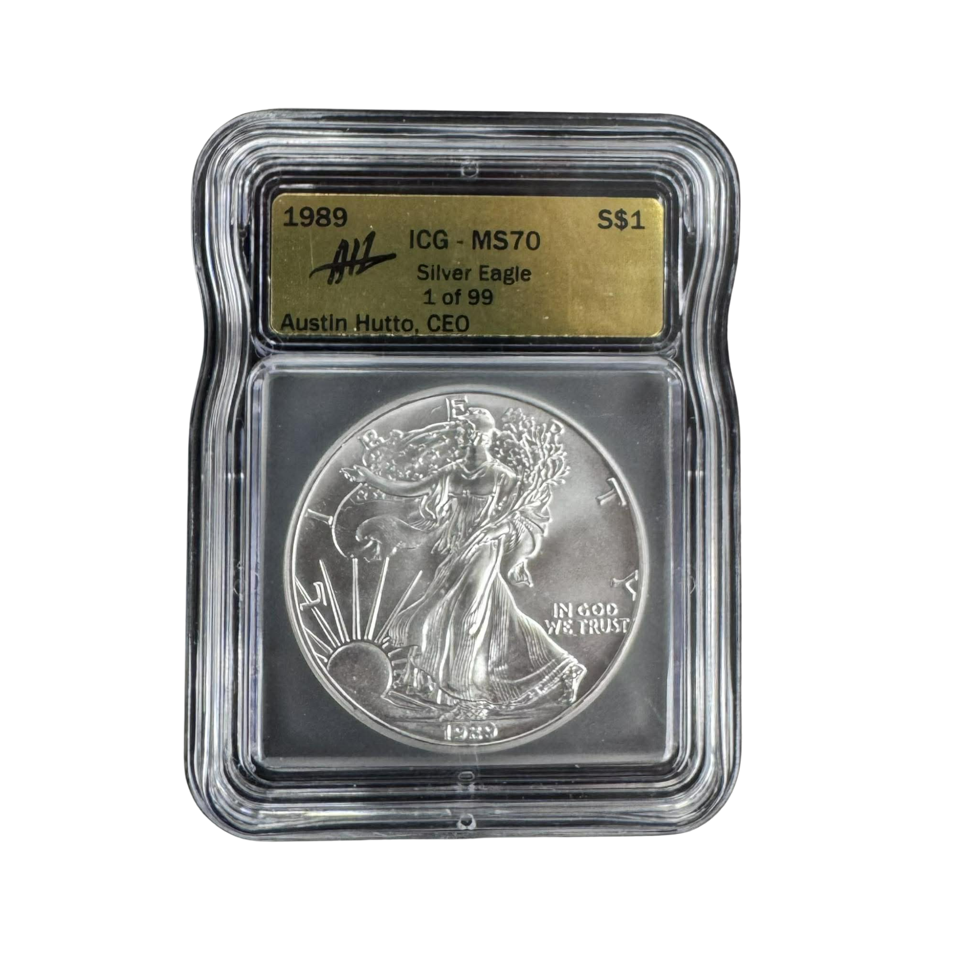 1989 Silver Eagle - Austin Hutto Signed 1 of 99 - ICG MS70 Gold Foil Label - CoinsTV