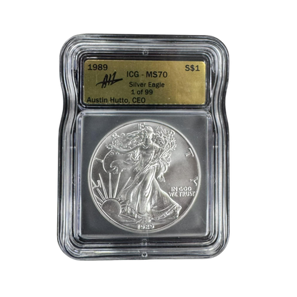 1989 Silver Eagle - Austin Hutto Signed 1 of 99 - ICG MS70 Gold Foil Label - CoinsTV