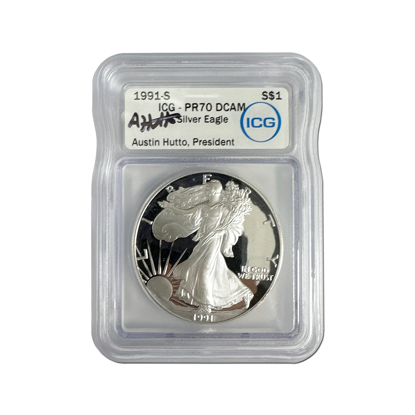 1991-S Silver Eagle - Austin Hutto Signature Label - ICG PR70 DCAM - CoinsTV