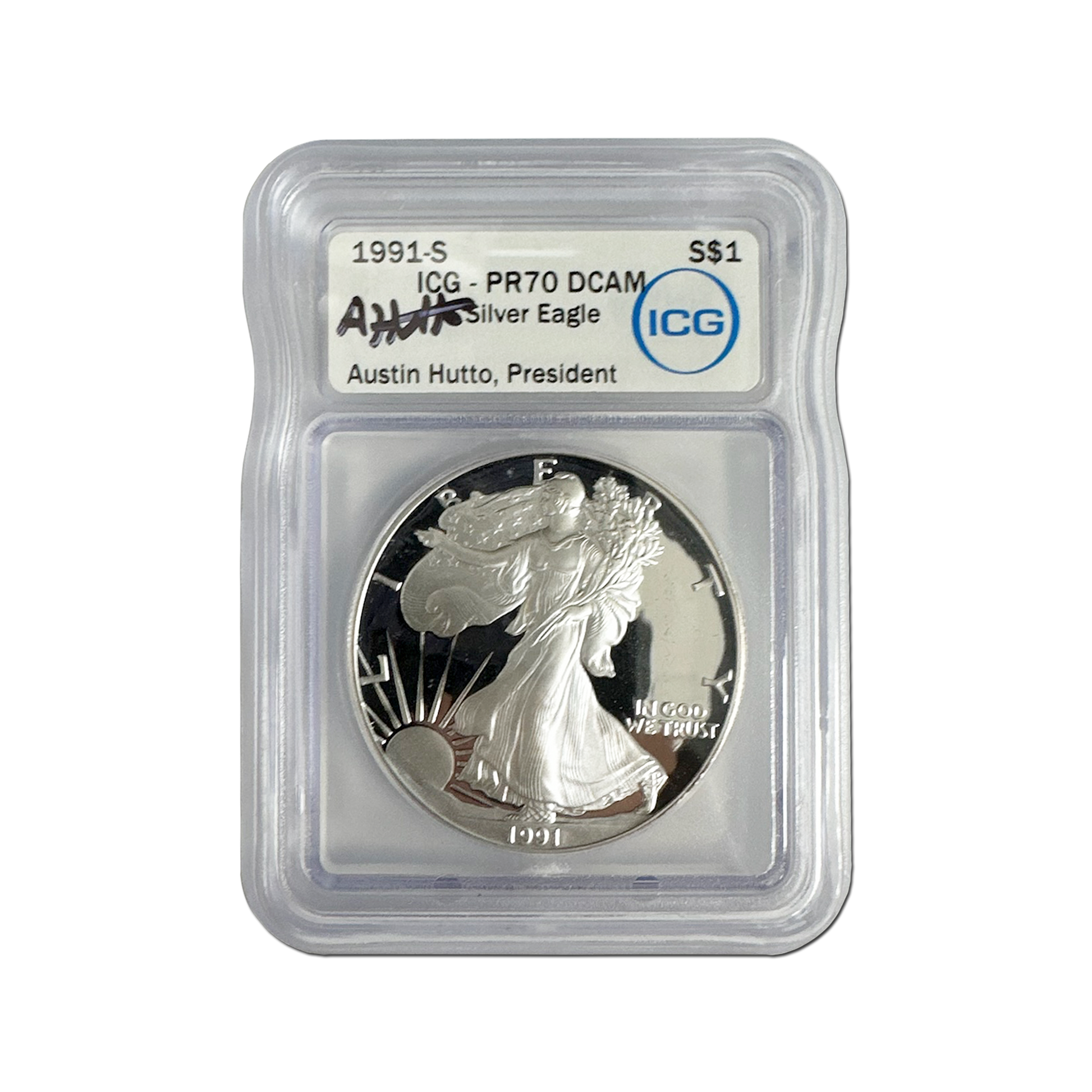 1991-S Silver Eagle - Austin Hutto Signature Label - ICG PR70 DCAM - CoinsTV