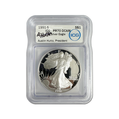 1991-S Silver Eagle - Austin Hutto Signature Label - ICG PR70 DCAM - CoinsTV