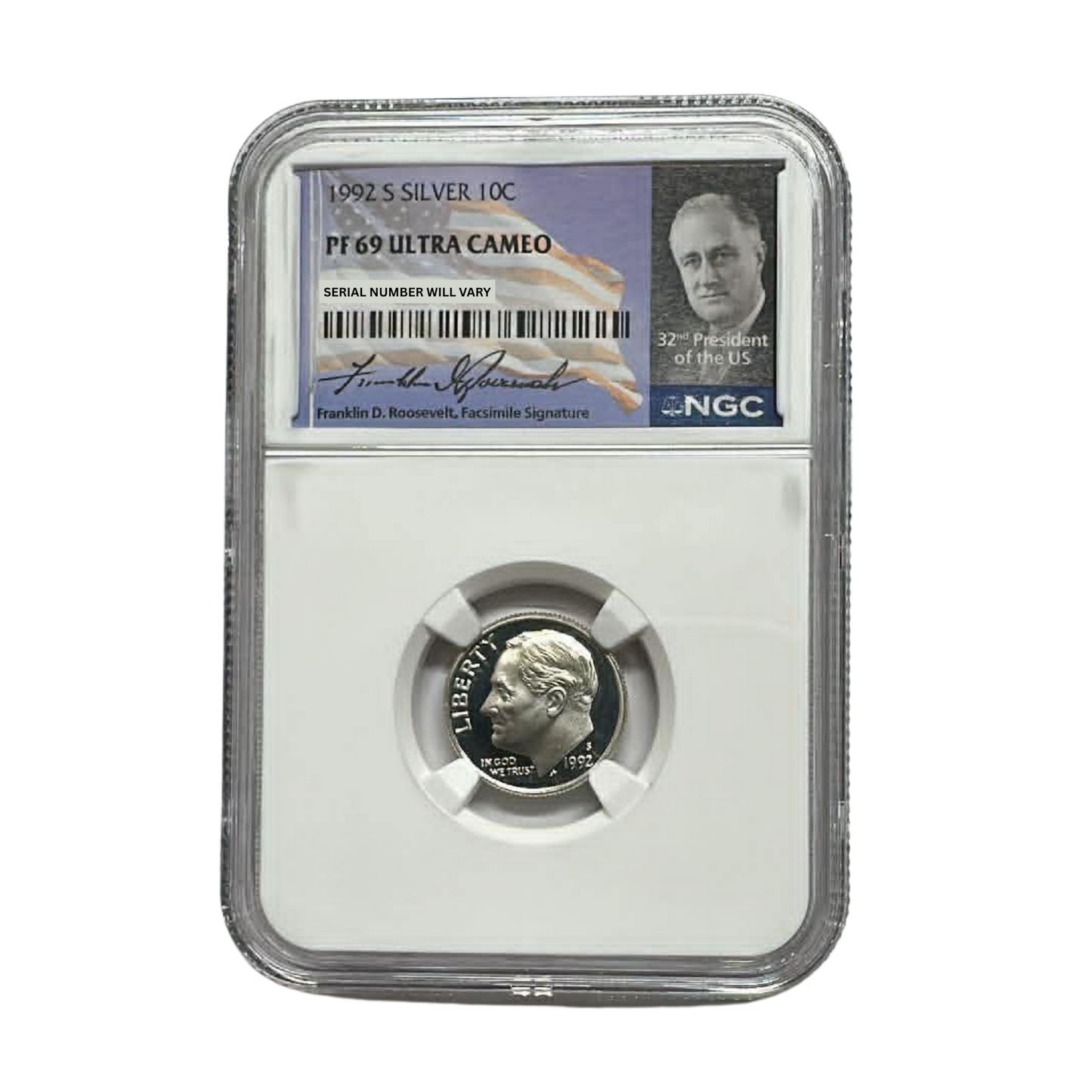 1992-S Roosevelt Silver Dime - NGC PF69UCAM - Roosevelt Signature Label