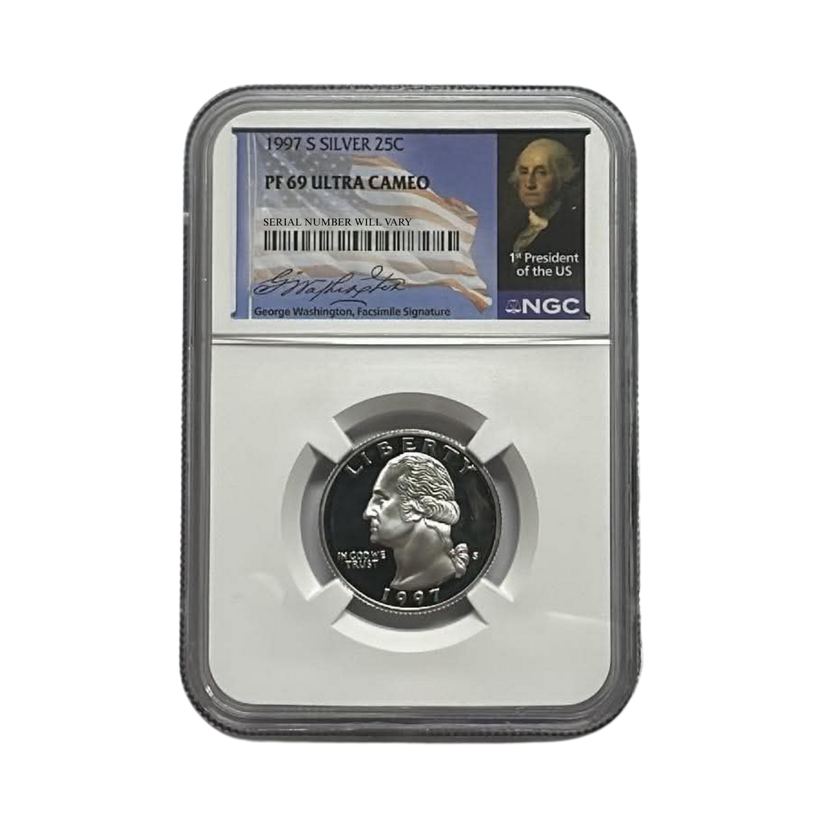 1997-S Washington Silver Quarter - NGC PF69UCAM Washington Signature Flag Label