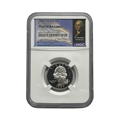 1997-S Washington Silver Quarter - NGC PF69UCAM Washington Signature Flag Label