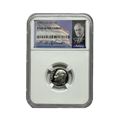 1997-S Roosevelt Silver Dime - NGC PF69UCAM - Roosevelt Signature Label