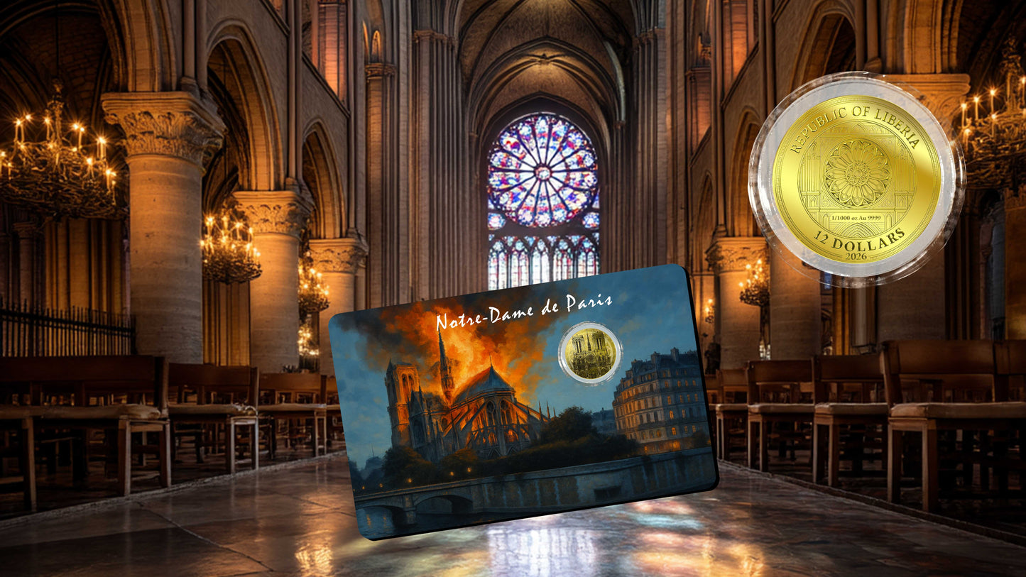 2025 Liberia Notre Dame 1/1000 oz Gold Coin in Card