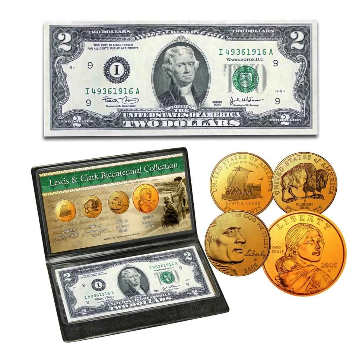 2005 Lewis & Clark Bicentennial Coin & Currency Set – Gold-Plated Nickels, Sacagawea Dollar & Uncirculated $2 Note
