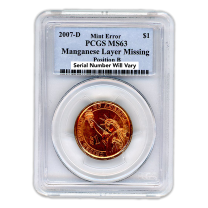2007 Washington Dollar - Reverse Missing Clad Layer - PCGS MS63