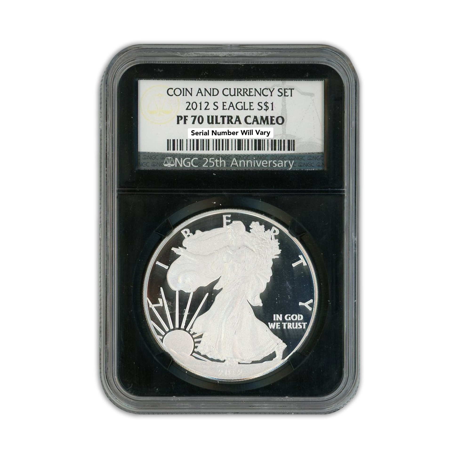2012-S Silver Eagle San Francisco - NGC PF70 Ultra Cameo Coin and Currency set - CoinsTV