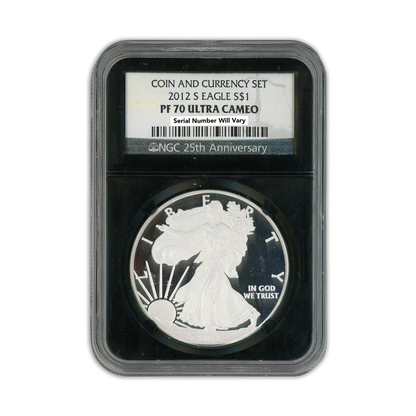 2012-S Silver Eagle San Francisco - NGC PF70 Ultra Cameo Coin and Currency set - CoinsTV
