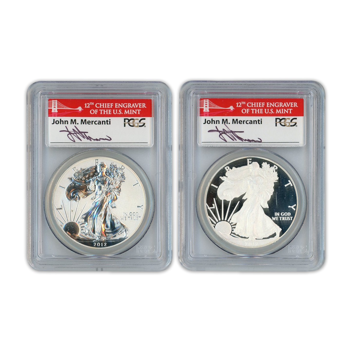 2012-S Silver Eagle 2 pc Set - PCGS PR69 DCAM Mercanti Label - CoinsTV