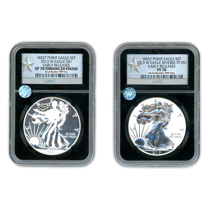2013 W Silver Eagle West Point Early Releases 2 pc Set - NGC SP/PF 70 Black Core Label Sight White