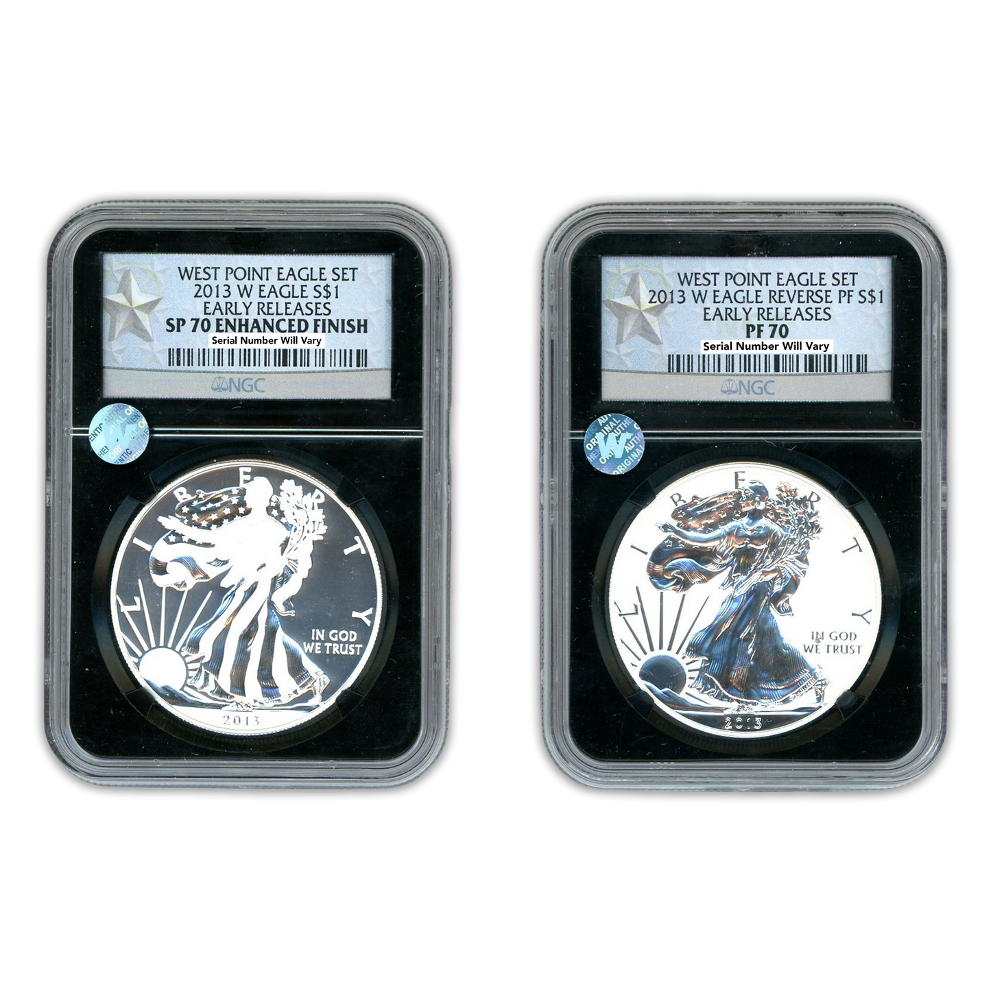 2013 W Silver Eagle West Point Early Releases 2 pc Set - NGC SP/PF 70 Black Core Label Sight White - CoinsTV