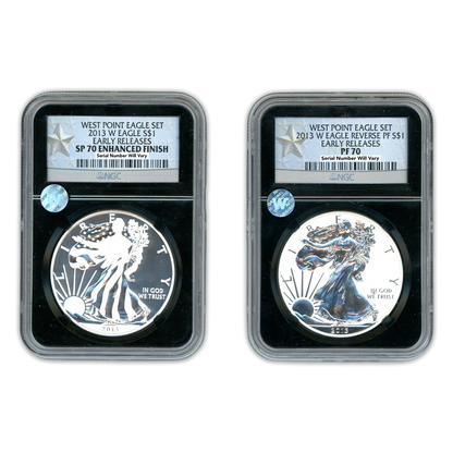 2013 W Silver Eagle West Point Early Releases 2 pc Set - NGC SP/PF 70 Black Core Label Sight White - CoinsTV